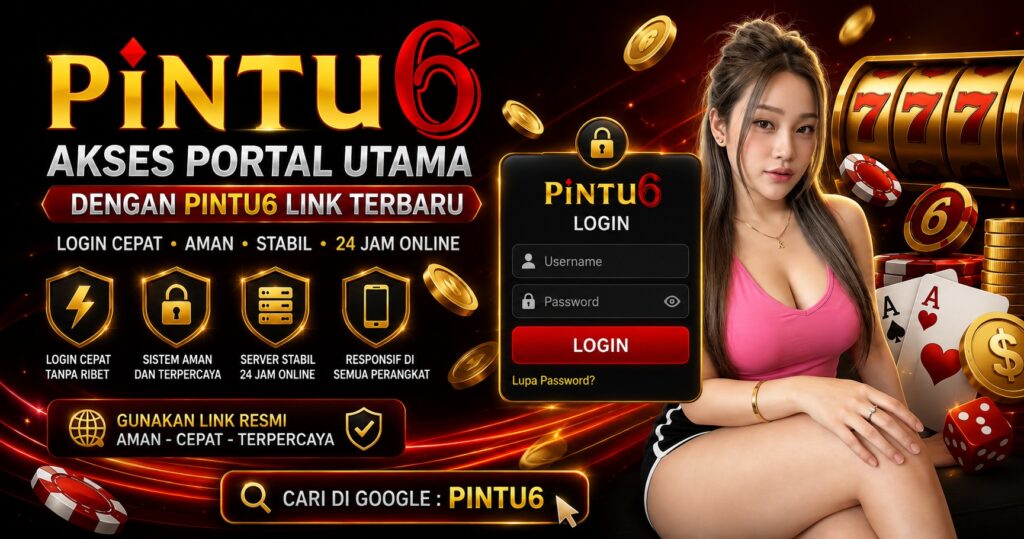Banner PINTU6 akses login portal utama dengan tampilan halaman login, ikon keamanan, mesin slot 777, kartu remi, chip casino, serta informasi penggunaan link resmi PINTU6
