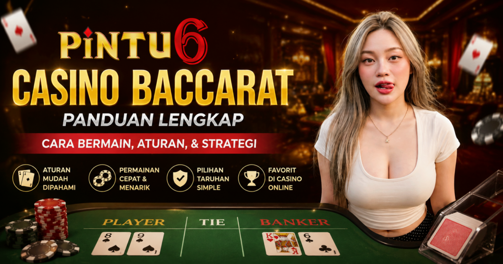 PINTU6 Casino Baccarat dengan meja baccarat, kartu Player dan Banker, serta panduan cara bermain, aturan, dan strategi permainan.