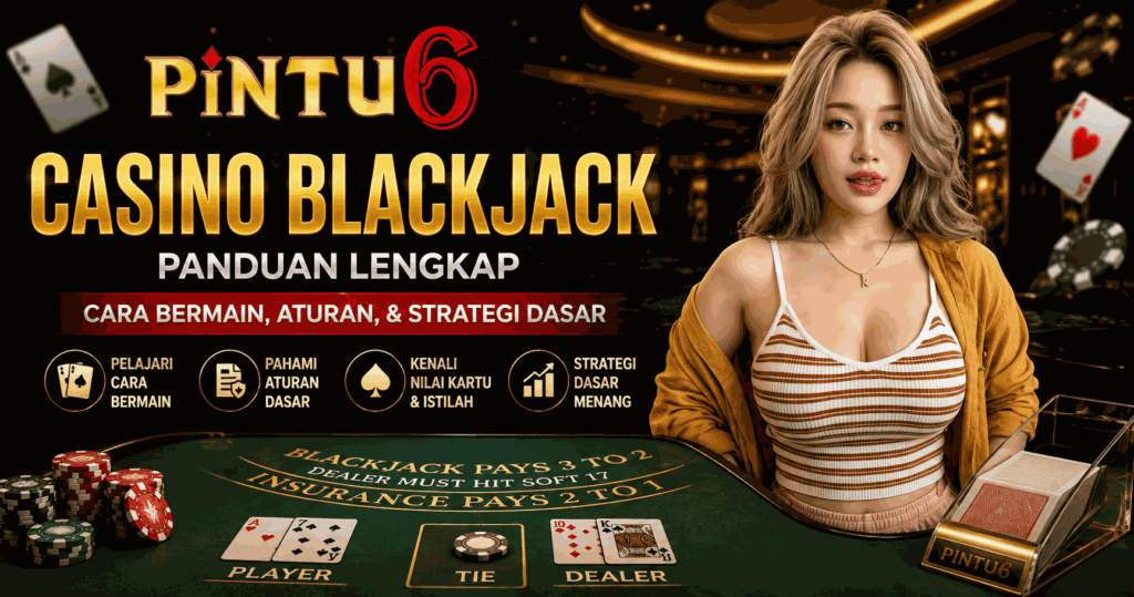PINTU6 Casino Blackjack dengan meja blackjack, kartu Player dan Dealer, chip casino, serta panduan cara bermain, aturan, dan strategi dasar Blackjack.