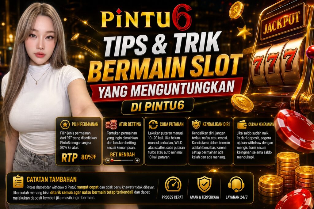 PINTU6 Tips dan Trik Bermain Slot yang Menguntungkan dengan panduan RTP, betting rendah, putaran manual, kendalikan emosi, dan proses withdraw cepat.